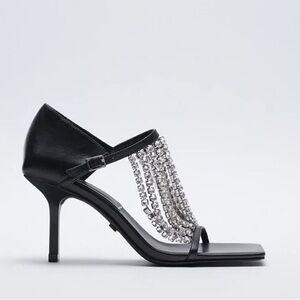 New Zara $129 Rhinestone Square Toe Black Sandals 1343/610 Size 10 RARE